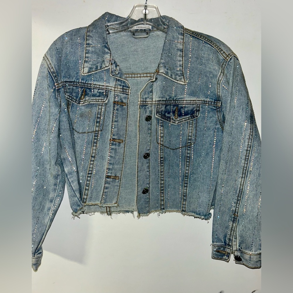 Veveret denim and rhinestone cropped jacket